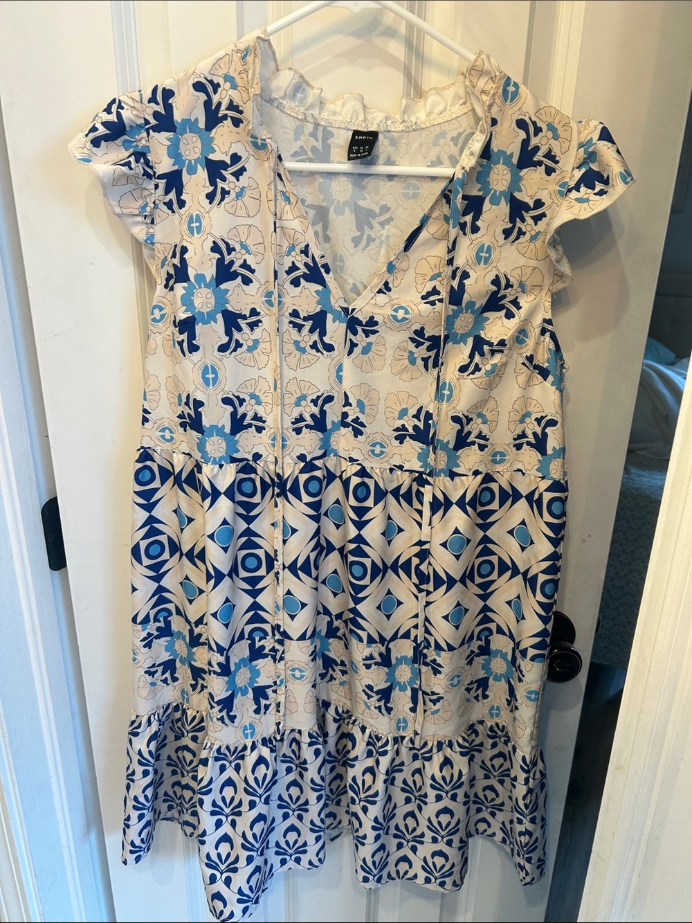 SHEIN White and Blue Tiered Midi Dress